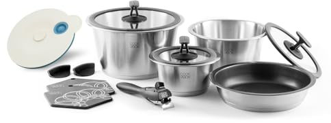 cookvision Starter-Topf-Set 13-tlg. 3x Edelstahltöpfe für alle Herdarten, 3x Glasdeckel, 1x Pfannen, 1x Griffe, platzsparend, innovatives Zubehör (Schwarz)