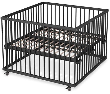 Sämann Laufstall Baby mit Lattenrost | stufenlos höhenverstellbar | Laufgitter Premium | Babybett aus Holz | Krabbelgitter (schwarz, 100x100 cm)