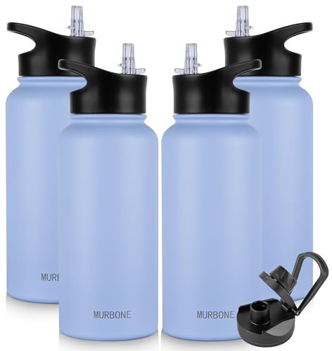 MURBONE Insulated Water Bottles, 1L Stainless Steel Drink Flask with Straw, BPA Free, 2 Lids (Straw and Spout), Leakproof Double Walled Vacuum Water Bottle, Blue, Pack of 4