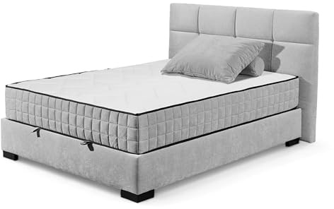 Stella Trading NAGOL A Boxbett 140x200, Silber - Bequemes Bett mit Bettkasten und Premium 9-Zonen-Federkern Wendematratze - 165 x 114 x 214 cm (B/H/T)