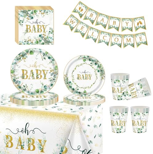 70P Sage Green Party Baby Shower Tableware Set, Eucalyptus Green Banner Paper Cups Napkins Plates (7in+9in) and Table Cloth, Gold Paper Dinnerware Kit for Baby Shower Gender Reveal Jungle Party