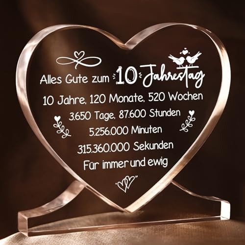 Juratar® 10. Jahrestag Geschenk für Paare 10. Hochzeitstag Geschenke für ihn und sie Jubiläumsgeschenk für Ehemann Herzförmiges Acryl Heimat Dekoration 10 Jahre Jubiläum für Ehefrau