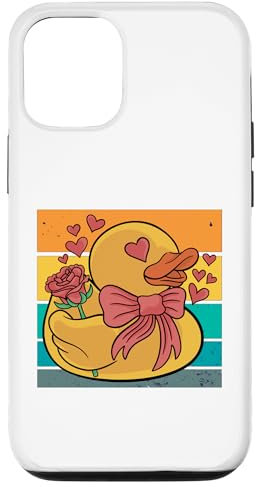 Custodia per iPhone 13 Anatra gialla con fiori rosa e cuori con grande fiocco