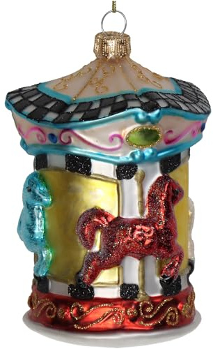 Christbaumschmuck 12cm Glas - Pferdekarussell Figur zum Aufhängen - handbemalt & mit Glitzer - Weihnachtsbaum Anhänger für Weihnachten - Christbaumanhänger & Weihnachtsbaumschmuck - Karussell