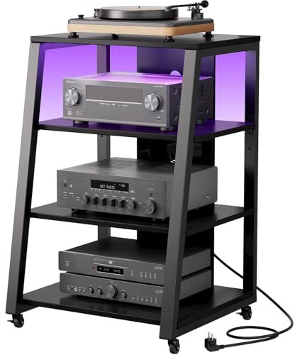 Lifewit 4-stufiger HiFi Regale mit Rädern und verstellbaren Ablage, Plattenspieler Tisch mit Steckdosenleisten und LED-Leuchten, AV-Medienständer Für Wohnzimmer/Heimkino/Schlafzimmer(60 x 55 x 90 cm)