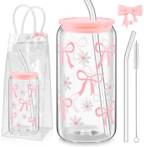 NISHZHU Iced Coffee Cup Bow Mug 16 oz with Lid and Straw, Elegant Gift for, Decorative Bow Design, Versatile Drinking