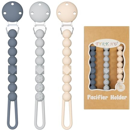 TYRY.HU Silicone Dummy Clip for Baby,One Piece Pacifer Chain Holder Set,Pacifier Clips for Boys and Girls,Fits Most Pacifiers and Teething Toys,3 Pack Unisex Newborn Universal