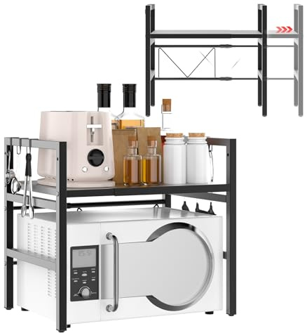 Erweiterbares Mikrowellen Regal 2 Stufig,Mikrowellenregal Schwarz Höhenverstellbar & Erweiterbar - 6 Abnehmbare Haken, Platzsparender Organizer für Arbeitsplatte, 2 Ebenen à 25kg, 2025 Design