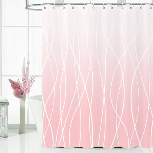 GCIREC Duschvorhang, 180x200cm, Hellrosa Ombre Moderner Abstrakt Gestreifte Wellenlinie Wasserdichter Stoff Maschinenwaschbarer Badezimmervorhang mit Haken