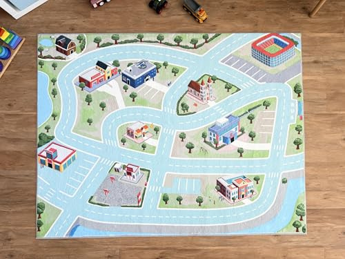 SkippiDoo Spielteppich „Small Fluffy Town“ – Kinderteppich 160 x 120 cm, kuscheliger Flor, rutschfeste Anti-Rutsch-Teppichrücken, Straßenteppich ideal für Spielzeugautos & Figuren