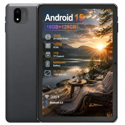 Keoaxll Tablet 10.1 Inch Android 15, 18GB(6+12) RAM 128GB ROM, Android Tablet 1280 * 800 HD, 5G WiFi, BT5, 5MP+2MP Dual Camera, 6000mAh Battery, Gray