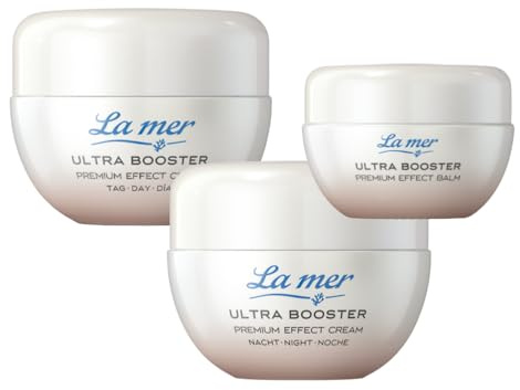 La mer Ultra Booster Premium Effect 3er Sparset – Day, Night & Eye & Lip Balm – Pflegeset mit Osmofill+ Wirkstoffkomplex, Meeresschlick, Algen & Hyaluronsäure für geschmeidige, hydratisierte Haut