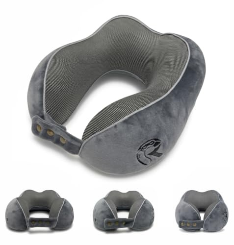 Rubotech RAWS Reisekissen - Verstellbares Memory Foam Nackenkissen mit flexiblen Druckknöpfen für 360° Stütze, atmungsaktiver samtweicher Bezug - Ideal für Flugzeug & Auto - Grau