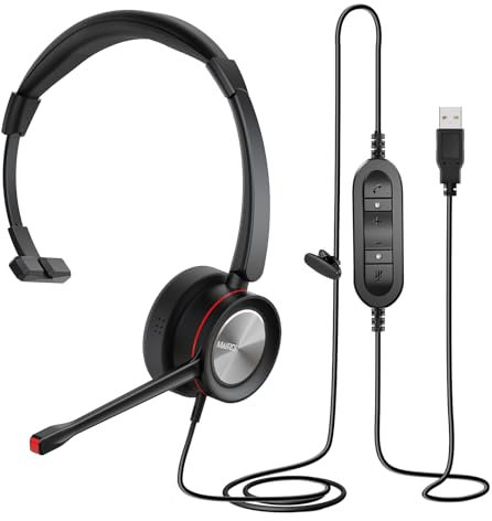 USB Headset mit Noise Cancelling Mikrofon, Mono Overear PC Kopfhörer für Computer Laptop Homeoffice Call Center Skype Teams Voip Softphone Chat, Pro Mic für Spracherkennung Dragon Nuance