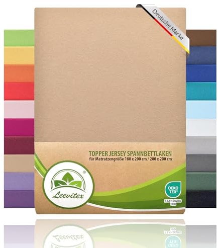leevitex Topper Boxspringbett Spannbettlaken | 100% Baumwolle | Ökotex | 125 g/m² | 180x200cm - 200x200cm | Sand/Cappuccino | 18 cm Steg