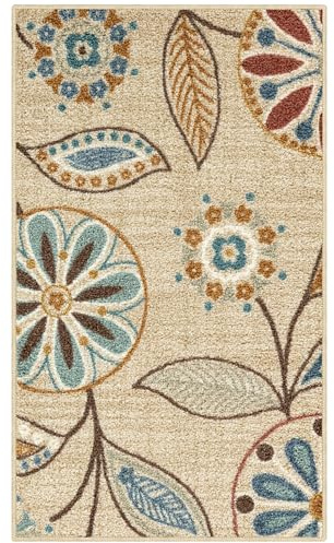 Maples Rugs Reggie Küchenteppich mit Blumenmuster, waschbar, rutschfest, für Innenbereich, Eingangsbereich, Foyer, Küche und Badezimmer, 40 x 60 cm, Beige