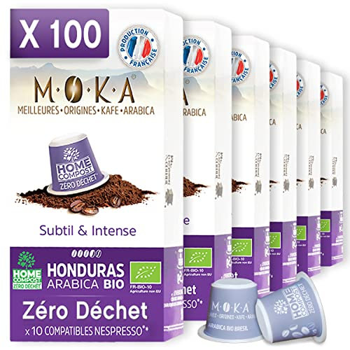 MOKA 100 Capsules Compostables 100% Pur Arabica du Honduras Bio - Compatible avec les machines à Capsules Nespresso - Intensité 7 - Home Compost - Expresso et Lungo - Torréfié en France…