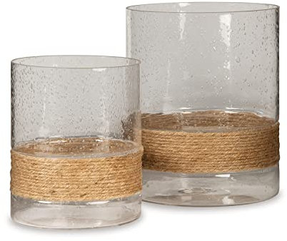 Signature Design by Ashley Eudocia Coastal Kerzenhalter-Set aus Glas mit Seilsockel, transparent und braun, 2-teilig