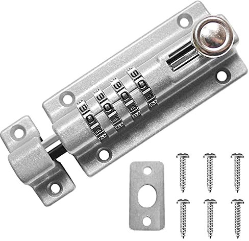 Drenky 4 Unique Combination Locking Bolt, Heavy Duty Sliding Lockable Padbolt, 120mm Silver Stainless Steel Silded Door Latch Keyless, with Anti-Tamper Screws, 1 Pcs