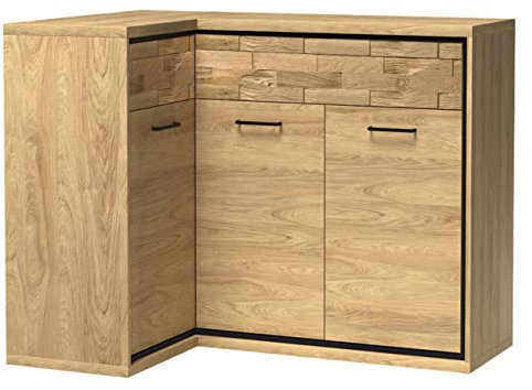 Mirjan24 Eckkommode Berspe BP15O, Kommode, Mehrzweckschrank, Anrichte für Diele und Flur Esszimmerkommmode, Gedämpftem Schließsystem, Seite: Rechts (Hikora Natur + Holzdekor, ohne Beleuchtung)