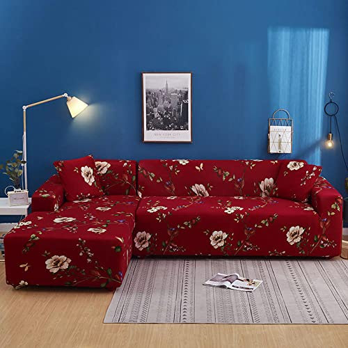 ZAHHYG Sofaüberwurf Rote Vintage-Blumen Sofabezug Sofa Überzug Stretchy Couchbezug Sofa Bezug Ecksofa Überwurf Sofabezüge Antirutsch Sofahusse Jacquard Sofaüberzug 2 Places (145cm-185cm)