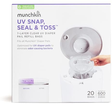 Munchkin UV Snap, Seal & Toss Diaper Pail Refill Bags, Holds 600 Diapers, 20 Count