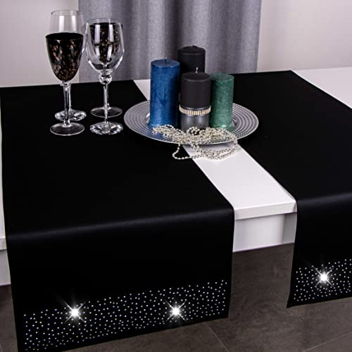 DECOOR Tischläufer Brylant 40 x 180 cm mit Kristallen Schwarz | schmutzabweisend, Gewebe 200 g/m², 100% Polyester, hergestellt in der EU