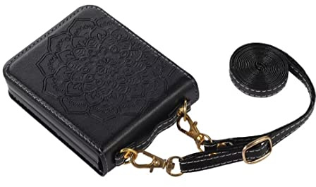 for Samsung Galaxy Z Flip 4 Case with Hinge Protection, Non-Slip Bottom Shell Embossed Mandala Leather with Removable Strap, Folding Phone Cover for Samsung Galaxy Z Flip 4 5G, black