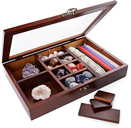 Mooncraftlogy Vitrina ajustable de roca, caja de colección de cristal con estantes, organizador de piedras de bruja de madera, soporte para gemas con tapa para conchas marinas, coleccionables, regalo