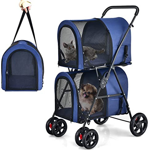 GYMAX Klappbarer Hundewagen, Hundebuggy mit 2 abnehmbaren Taschen, Hundebuggy mit Vorder- & Hintertüren, Haustierwagen mit Netzgewebe & Rädern mit Bremsen, Hundebox für Hunde & Katzen (Blau)