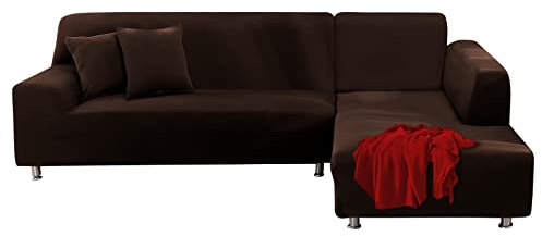 FIGOOO Sofabezug Ecksofa L Form Links Rechts Stretch Sofa Überwürfe 2er mit 2 Stück Kissenbezug Abnehmbarer Universal Elastische Couchbezug Sofahusse L Shaped (2 Sitzer+2 Sitzer,Dunkelbraun)