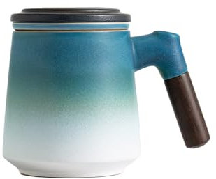 ZENS Tea Cup With Infuser and Lid, 12oz Gradient Blue Mug for Loose Leaf Steeper, Wood Handle With Fine Mesh Strainer, Hot Tea Diffuser Accessories for Tea Lovers Gifts