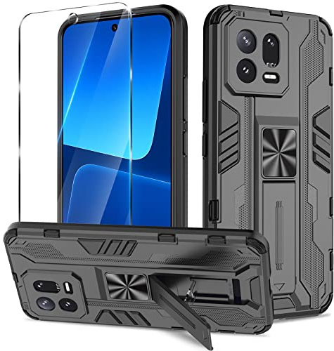 Btstring Hülle für Xiaomi 13 mit Panzer Schutz Glas, Militär Standard Cover Case Standfunktion Handy Hüllen- Schwarz