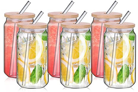 480ml Can Shaped Glass Cups Set, Drinking Glasses with Bamboo Lids and Glass Straw, Beer Glasses, Iced Coffee Glasses, Clear Cute Tumbler Cup, Ideal for Cocktail, Coke, Soda