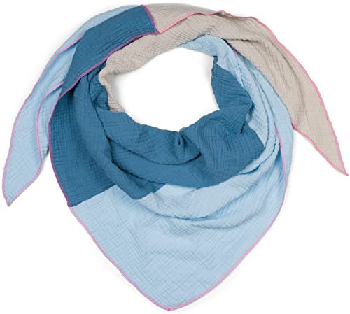 styleBREAKER Damen Baumwoll-Musselin Dreieck Schal in 3 Farbiger Ausführung, Musselin Schal, Leichtes Tuch 01020046, Farbe:Blau-Hellblau-Hellgrau