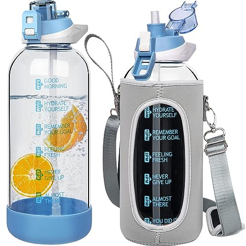 Seekua 2 litre Large Glass Water Bottle with Straw & Time Markings 2l Big Motivational Glass Drinking Bottle BPA free Leakproof