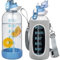 Seekua 2l Sport Trinkflasche Glas Flasche mit Strohhalm & Zeitmarkierung auslaufsicher bpa frei 2 liter Große Wasserflasche Motivation mit Schutzhülle für Smoothie, Früchte Kohlensäure geeignet