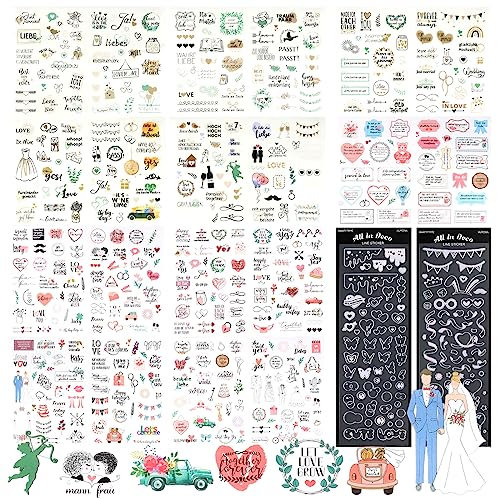 ZEFAN Sticker Hochzeit Gästebuch, 596 Vintage Aufkleber für Gästebuch oder Fotoalbum, Perfektes Sticker Set Mit Viel Liebe, in Deutsch und Englisch
