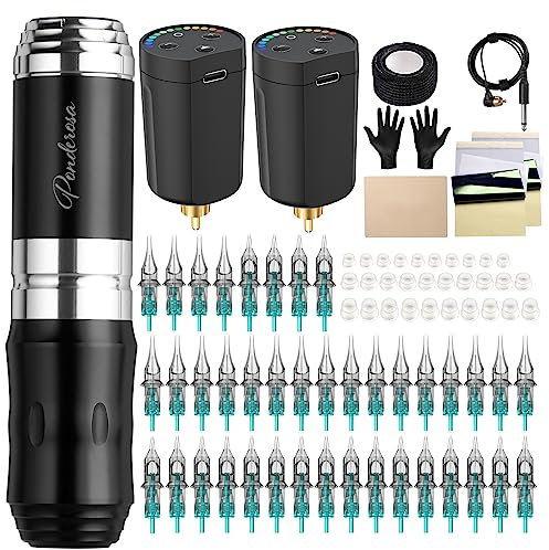 STIGMA Wireless Tattoo Maschine Set Rotary Tattoo Pen Set Komplettes Tattoo Kit mit 2 Stück Batterien 40 Stück Patronen Nadeln für Anfänger und Tätowierer (Silber)