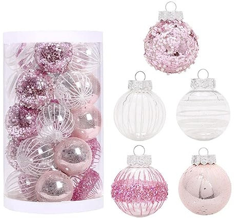 Set di 25 ornamenti natalizi da 6 cm, ornamenti per albero di Natale, infrangibili, per feste, matrimoni, feste, decorazioni per albero di Natale (rosa bianco)