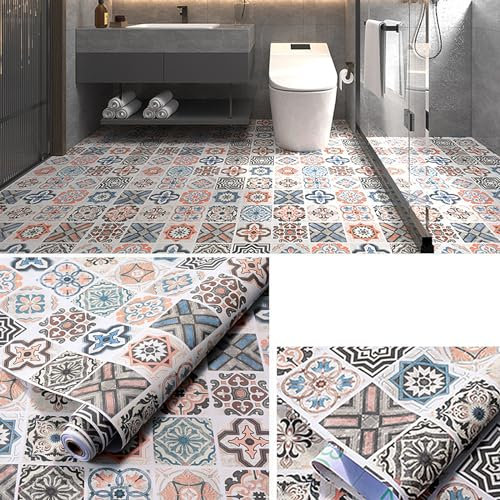 PVC Bodenbelag Selbstklebende, Selbstklebende Vinyl-Fliesen, 40CM X 5M 2m², für Eingangstür, Wohnzimmer, Küche, Balkon, Abstellraum (Kariertes Orange-Blau)