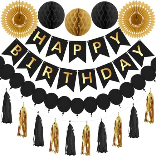Black Gold Happy Birthday Banner Women Girls Birthday Decorations Black Gold Honeycomb Balls Balloon Garland Paper Fan Paper Tassel Garland by RichMoho