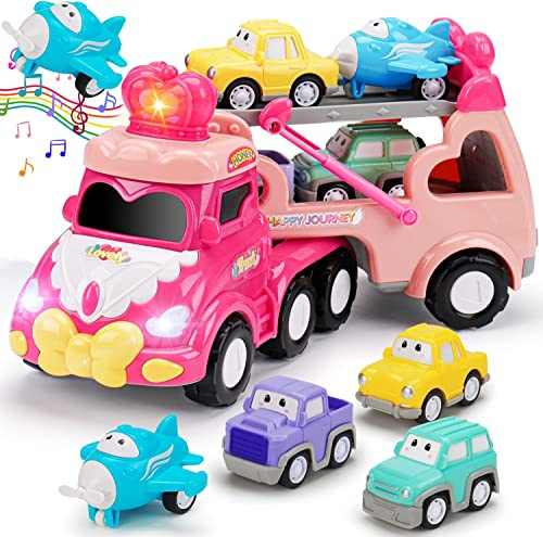 Lypsochaat 5 in 1 Rosa Prinzessin Spielzeugauto Auto Transporter LKW Spielzeug mit Licht und Musik für Kleinkinder, Geburtstag Geschenk für 3+ Mädchen Jungen