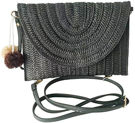 Meindin Bolsos de paja para mujer, bolso portátil de paja de playa, bolso de mano de ratán tejido a mano para cosméticos de playa, Black, 35 EU