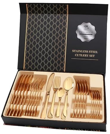 Juego de Cubiertos de Acero Inoxidable Brillante, 24 Piezas, Cuchillo para Carne, Tenedor, Cuchara, para Restaurante (Dorado)
