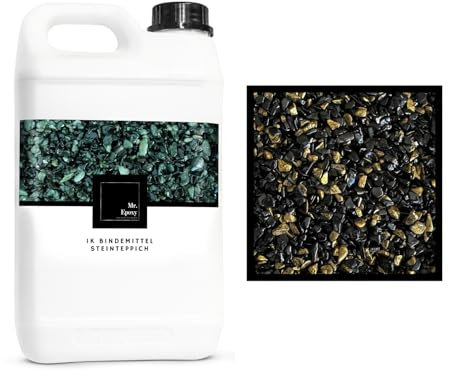 Mr. Epoxy Steinteppich für Außen & Innen Komplettset (25kg Kies + 1,3kg Bindemittel) - UV-Stabil & Geruchsneutral - Buntsteinputz mit Versiegelung als Bodenbelag (Nero e Oro)