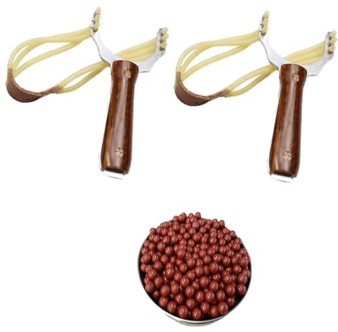 GERUI 2 Stück Schleuder Steinschleuder Zwille Set, Holz Schleuder für Outdoor Sportarten, Katapult mit 100pcs Zwille Tonkugeln, für Erwachsene und Kinder,Spielzeug für den Außenbereich