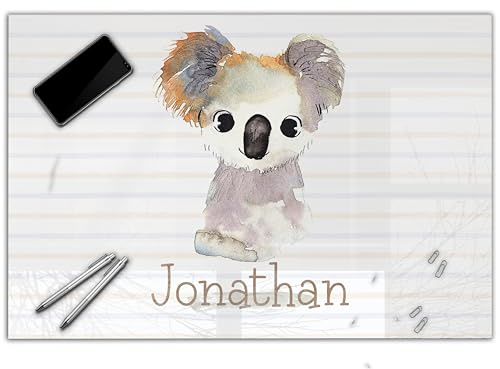 Schreibtischunterlage personalisiert mit Namen | wasserfeste Schreibunterlage, abwischbar, glatt | stabiles, hochwertiges Acrylglas, Kinder Kunststoff Tiere | 60x40cm 09- Koala