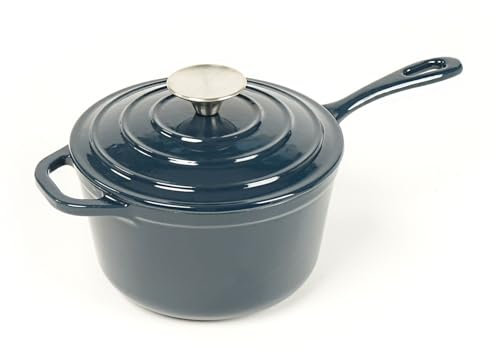 HAWOK Emaillierter Gusseisen Stielkasserolle, 2QT Stielkasserolle mit Deckel und langem Griff, Marineblau