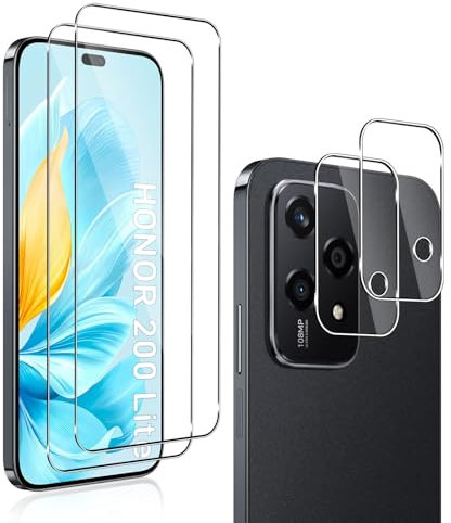 QULLOO 2+2 pièces Verre Trempé Compatible avec Honor 200 lite + Caméra Arrière Protecteur, 9H Dureté HD [Anti-Rayures,sans Bulles] Film Protection en écran pour Honor 200 lite